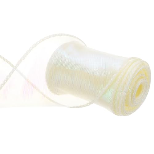 QUARKZMAN 60mm Breites Glitzerndes Durchsichtiges Verdrahtetes Organza-Band Pastell Schimmer Irisierendes Chiffon-Bänder 4,6m Beige zum Geschenkverpacken Bouquet Hochzeitsbögen von QUARKZMAN