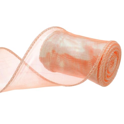 QUARKZMAN 60mm Breites Glitzerndes Durchsichtiges Verdrahtetes Organza-Band Pastell Schimmerndes Irisierendes Chiffon-Band 2,7m Orange zum Geschenkverpacken, Blumenstrauß, Hochzeitsbögen von QUARKZMAN