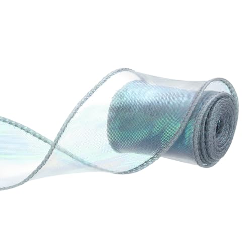 QUARKZMAN 60mm Breites Glitzerndes Durchsichtiges Verdrahtetes Organza-Band Pastell Schimmerndes Irisierendes Chiffon-Band 4,6m Grün zum Geschenkverpacken von Blumensträußen Hochzeitsbögen von QUARKZMAN