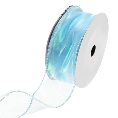 QUARKZMAN 6cm Breit Glitzernd Durchsichtig mit Draht Organza Band Pastell Chiffon Bänder 23m Blau für Geschenk Verpackung Blumenstrauß Hochzeit Torte Schleifen von QUARKZMAN