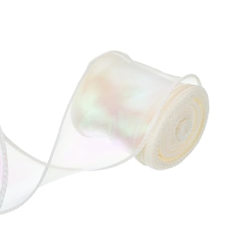 QUARKZMAN 6cm Breites Glitzerndes Durchsichtiges Verdrahtetes Organza-Band Pastell Chiffon-Bänder 9m Beige zum Geschenke Verpacken, Blumensträuße, Hochzeitstorten-Schleifen von QUARKZMAN