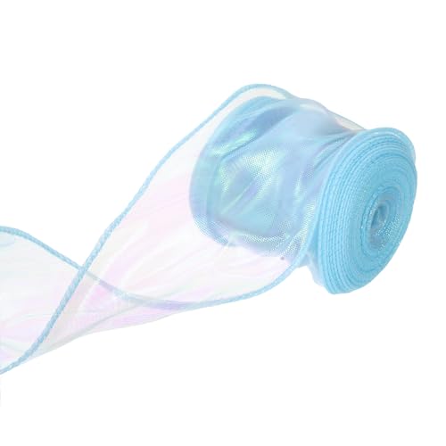 QUARKZMAN 6cm Breites Glitzerndes Durchsichtiges Verdrahtetes Organza-Band Pastell Chiffon-Bänder 9m Himmelblau zum Geschenke Verpacken, Blumensträuße, Hochzeitstorten-Schleifen von QUARKZMAN