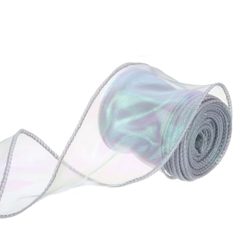 QUARKZMAN 6cm Breites Glitzerndes Durchsichtiges Verdrahtetes Organza-Band Pastell Chiffon-Bänder 9m Silber zum Geschenkverpacken, für Sträuße, Hochzeitstorten-Schleifen von QUARKZMAN