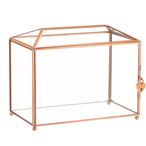 QUARKZMAN 8" Glas Hochzeitskartenbox mit Schloss, klare Kartenbox Hochzeitsdekorationen für Empfänge, Abschlussfeiern, Geschenkkarten, Party, Roségold von QUARKZMAN