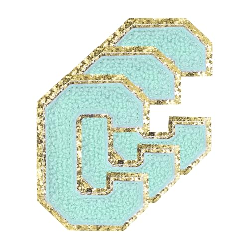 QUARKZMAN Chenille-Buchstaben C Patches Große Größe 80mm/3,15 Zoll Aufbügelbare Buchstaben C Patches Goldener Glitzer Bestickte Patches für Kleidung,Rucksäcke Packung mit 3 (Blau) von QUARKZMAN