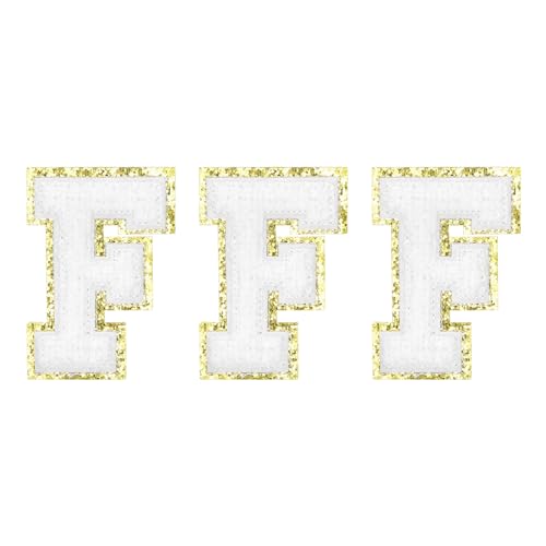 QUARKZMAN Chenille Buchstaben F Patches Große Größe 82mm/3.23 Zoll Aufbügelbare Buchstaben F Patches Goldene Glitzerstickerei für Kleidung, Schuhe, Hüte, Rucksäcke Packung mit 3 (Weiß) von QUARKZMAN