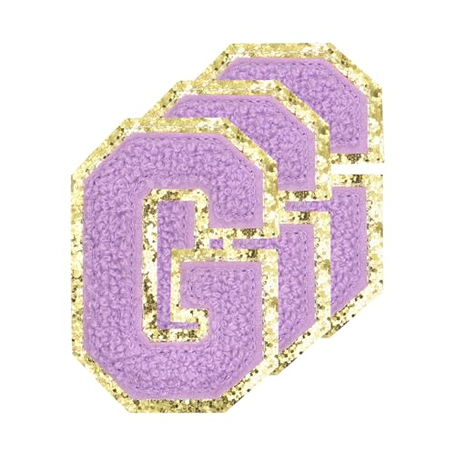 QUARKZMAN Chenille Buchstaben G Patches Große Größe 80mm/3,15 Zoll Aufbügelbare Buchstaben G Patches Goldener Glitzer Bestickte Patches für Kleidung,Rucksäcke Packung mit 3 (Lila) von QUARKZMAN