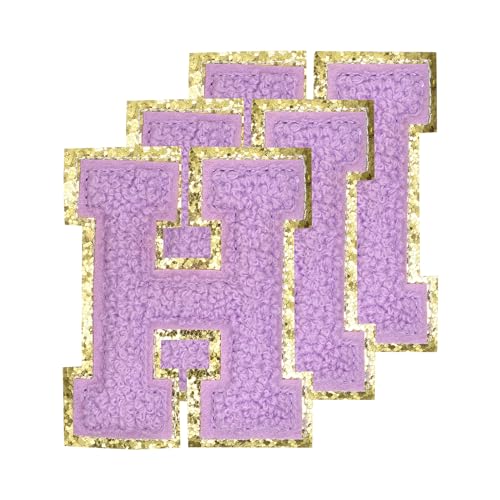 QUARKZMAN Chenille-Buchstaben H Patches Große Größe 80mm/3,15 Zoll Aufbügelbare Buchstaben H Patches Goldene Glitzerstickerei für Kleidung, Schuhe, Hüte, Rucksäcke Packung mit 3 (Lila) von QUARKZMAN