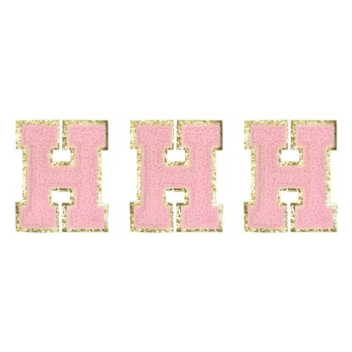 QUARKZMAN Chenille-Buchstaben H Patches Große Größe 80mm/3,15 Zoll Aufbügelbare Buchstaben H Patches Goldene Glitzerstickerei für Kleidung, Schuhe, Hüte, Rucksäcke Packung mit 3 (Pink) von QUARKZMAN