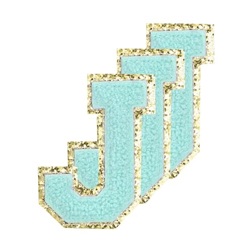 QUARKZMAN Chenille-Buchstaben J Patches Große Größe 80mm/3,15 Zoll Aufbügelbare Buchstaben J Patches Goldene Glitzerstickerei für Kleidung, Schuhe, Hüte, Rucksäcke Packung mit 3 (Blau) von QUARKZMAN