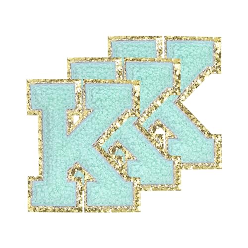 QUARKZMAN Chenille-Buchstaben K Patches Große Größe 80mm/3,15 Zoll Aufbügelbare Buchstaben K Patches Goldene Glitzerstickerei für Kleidung, Schuhe, Hüte, Rucksäcke Packung mit 3 (Blau) von QUARKZMAN