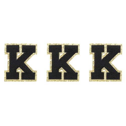 QUARKZMAN Chenille-Buchstaben K Patches Große Größe 80mm/3,15 Zoll Aufbügelbare Buchstaben K Patches Goldene Glitzerstickerei für Kleidung, Schuhe, Hüte, Rucksäcke Packung mit 3 (Schwarz) von QUARKZMAN