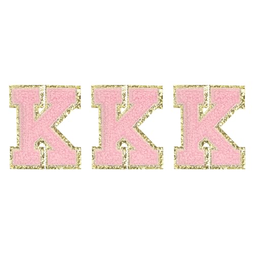 QUARKZMAN Chenille-Buchstaben K Patches Große Größe 83mm/3,27 Zoll Aufbügelbare Buchstaben K Patches Goldene Glitzerstickerei für Kleidung, Schuhe, Hüte, Rucksäcke Packung mit 3 (Pink) von QUARKZMAN