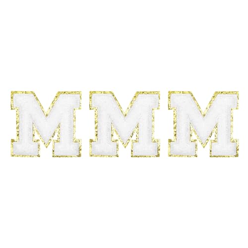 QUARKZMAN Chenille Buchstaben M Patches Große Größe 80mm/3,15 Zoll Aufbügelbare Buchstaben M Patches Goldene Glitzerstickerei für Kleidung, Schuhe, Hüte, Rucksäcke Packung mit 3 (Weiß) von QUARKZMAN