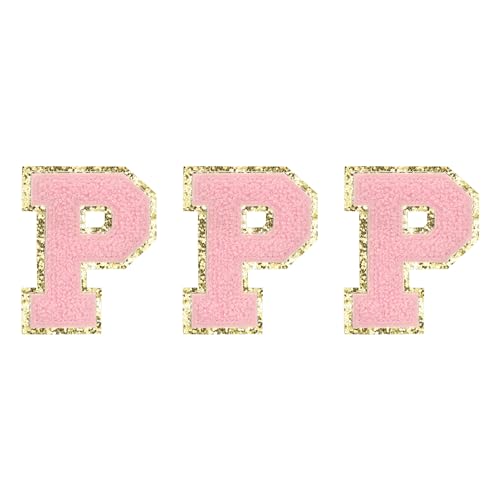 QUARKZMAN Chenille Buchstaben P Patches Große Größe 80mm/3,15 Zoll Aufbügelbare Buchstaben P Patches Goldene Glitzerstickerei für Kleidung, Schuhe, Hüte, Rucksäcke Packung mit 3 (Pink) von QUARKZMAN