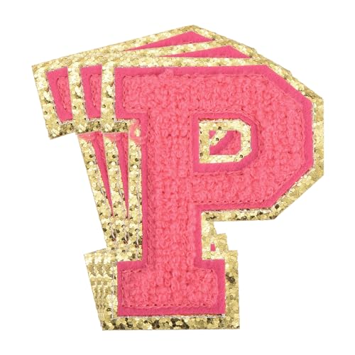 QUARKZMAN Chenille-Buchstaben x Patches Große Größe 3,15"x2,48" Bügel-Buchstaben x Patches Goldene Glitzerstickerei für Kleidung, Schuhe, Hüte, Rucksäcke Packung mit 3 (Hot Pink) von QUARKZMAN