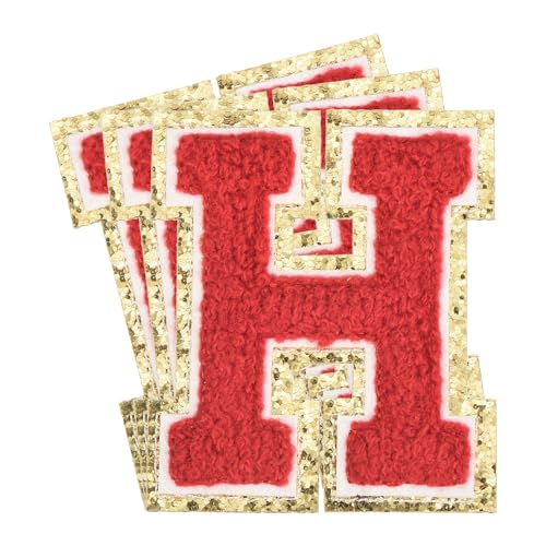 QUARKZMAN Chenille-Buchstaben x Patches Große Größe 3,15"x2,76" Bügel-Buchstaben x Patches Goldene Glitzerstickerei für Kleidung, Schuhe, Hüte, Rucksäcke Packung mit 3 (Rot) von QUARKZMAN