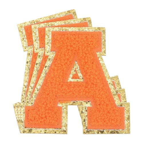 QUARKZMAN Chenille-Buchstaben x Patches Große Größe 3,15"x3,07" Bügel-Buchstaben x Patches Goldene Glitzerstickerei für Kleidung, Schuhe, Hüte, Rucksäcke Packung mit 3 (Orange) von QUARKZMAN