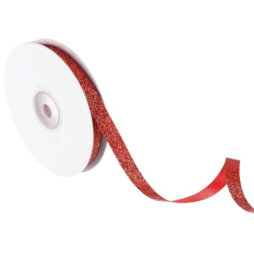 QUARKZMAN Glanzband, 25 Yards x 3/8" Rotes Polyester Metallic Glitzerband Geschenkband für Weihnachtsfeier Hochzeit Dekoration DIY Basteln von QUARKZMAN