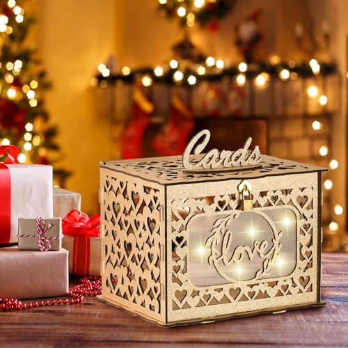 QUARKZMAN Hochzeitskartenbox mit Schloss, Holz Geschenkkartenbox mit Kartenzeichen für Abschlussfeier Geburtstag Hochzeiten Empfang, Gold von QUARKZMAN