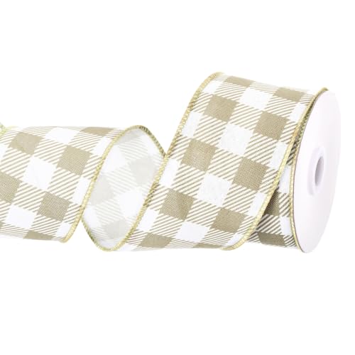 QUARKZMAN Khaki kariertes Band, 2,5 Zoll x 10 Yards Drahtkante Gingham Band Bauernhaus-Karoband für Geschenkverpackung, DIY, Weihnachtsdekoration und Bogenhandwerk von QUARKZMAN