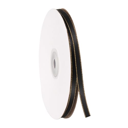 QUARKZMAN Schwarzes Satinband mit goldener Kante, 1/4 Zoll x 50 Yards Doppelseitiges Polyestersatinband für Blumenstrauß, Geschenkverpackung, Basteln, Hochzeitsfeierkarten-Dekoration von QUARKZMAN