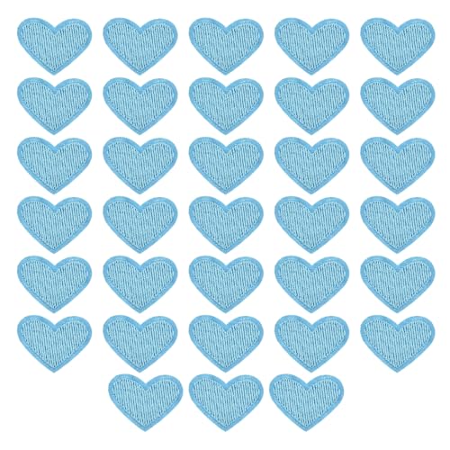 QUARKZMAN Solide Himmelblau Kleine Herz Patch Applikationen Bestickte Patches Kleidungsstück DIY Verzierungen 2,6x2cm/1x0,8 Zoll für Westen Kleidung Rucksäcke Hüte, DIY Mützen, 33 Pack von QUARKZMAN