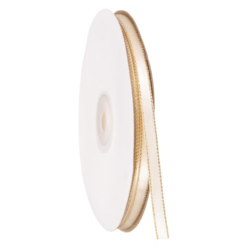 QUARKZMAN Weißes Satinband mit goldener Kante, 1/4 Zoll x 50 Yards Doppelseitiges Polyestersatinband für Blumenstrauß, Geschenkverpackung, Basteln, Hochzeitsfeierkarten-Dekoration von QUARKZMAN