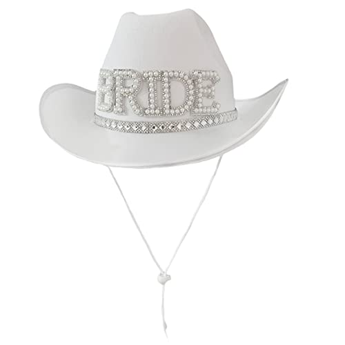 QUEENYARD Handgefertigter Hut für Hochzeit, Party, Braut, Cowgirl, breite Krempe, Brautschmuck, für Strass, glänzend, weiß, Fedora-Hut, sonnenfest von QUEENYARD