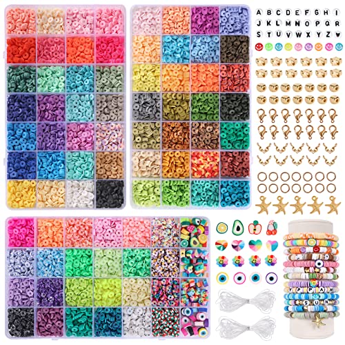 QUEFE 12000 Stück Tonperlen Armbandherstellungs-Set, 80 Farben, flache Ton-Heishi-Perlen, Polymer-Tonperlen mit Buchstabenperlen, Obstblumen-Tonperlen und Smiley-Perlen für Schmuck, Armband, Halskette von QUEFE