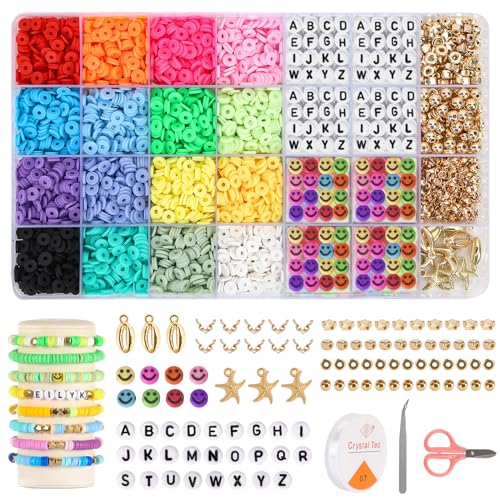 QUEFE 3800pcs Clay Beads for Jewelry Making Kit with 156 Letter Beads 160 Smiley Face Beads Flat Polymer Heishi Beads DIY Arts and Crafts Kit 6mm 16 Colors von QUEFE