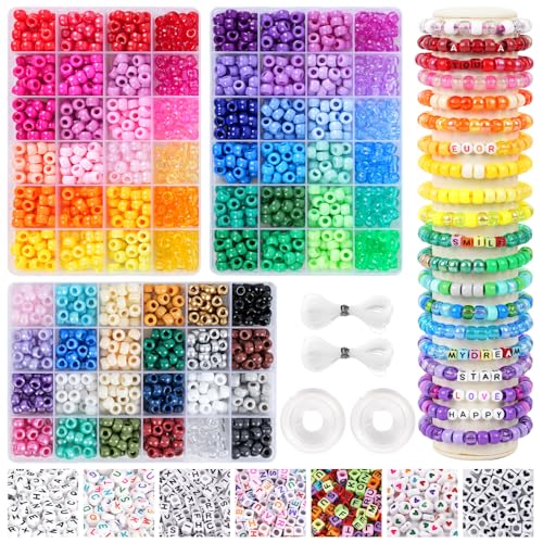 QUEFE 72 Farben, 3000 Stück, Pony-Perlen, Armbandherstellungs-Set für Mädchen, Regenbogen-Kandi-Perlen, Freundschaftsarmband-Set, Buchstabenperlen für Armband, Halskette, Bastelgeschenk-Set von QUEFE