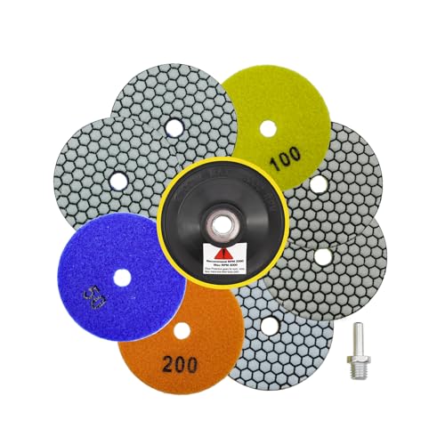 QUEFORET Diamant Polierpads Set 10 Stücke - 8 Stücke 100mm Trocken Polierscheiben (Körnung 50 x 3, 100 x 3, 200 x 2), 1 Stück Polierteller, 1 Stück Adapter für Granit Marmor Quarz Kunststein von QUEFORET