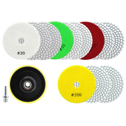 QUEFORET Diamant Polierpads Set 14 Stücke - 12 Stücke 100mm Nass Polierscheiben (Körnung 30/50/100/200 x 3), 1 Stück Polierteller, 1 Stück Adapter für Granit Marmor Quarz Kunststein von QUEFORET