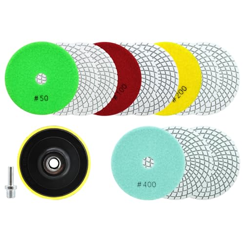 QUEFORET Diamant Polierpads Set 14 Stücke - 12 Stücke 100mm Nass Polierscheiben (Körnung 50/100/200/400 x 3), 1 Stück Polierteller, 1 Stück Adapter für Granit Marmor Quarz Kunststein von QUEFORET