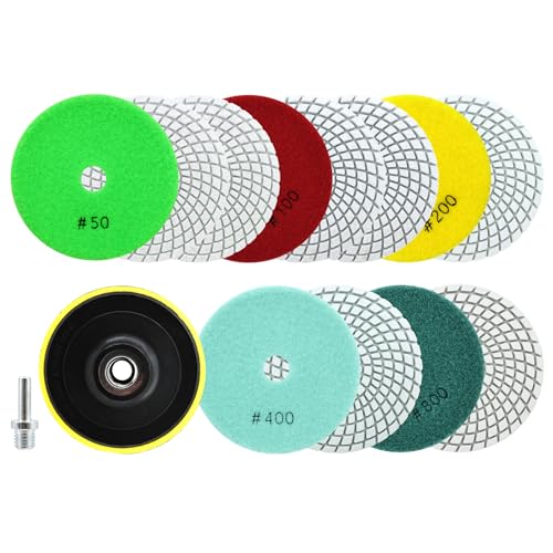 QUEFORET Diamant Polierpads Set 14 Stücke - 12 Stücke 100mm Nass Polierscheiben (Körnung 50/100 x 3, 200/400/800 x 2), 1 Stück Polierteller, 1 Stück Adapter für Granit Marmor Quarz Kunststein von QUEFORET