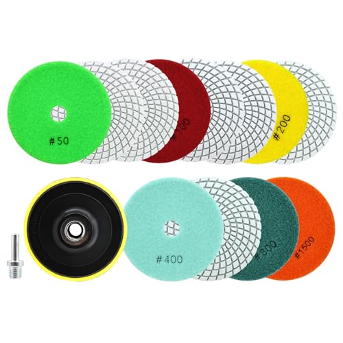 QUEFORET Diamant Polierpads Set 14 Stücke - 12 Stücke 100mm Nass Polierscheiben (Körnung 50/100 x 3, 200/400 x 2, 800/1500), 1 Stück Polierteller, 1 Stück Adapter für Granit Marmor Quarz Kunststein von QUEFORET