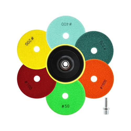 QUEFORET Diamant Polierpads Set 8 Stücke - 6 Stücke 100mm Nass Polierscheiben (Körnung 50/100/200/400/800/1500), 1 Stück Polierteller, 1 Stück Adapter für Granit Marmor Quarz Kunststein von QUEFORET