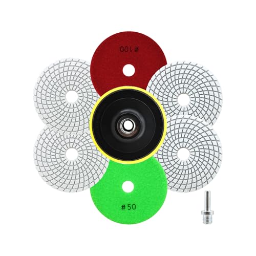 QUEFORET Diamant Polierpads Set 8 Stücke - 6 Stücke 100mm Nass Polierscheiben (Körnung 50 x 3, Körnung 100 x 3), 1 Stück Polierteller, 1 Stück Adapter für Granit Marmor Quarz Kunststein von QUEFORET