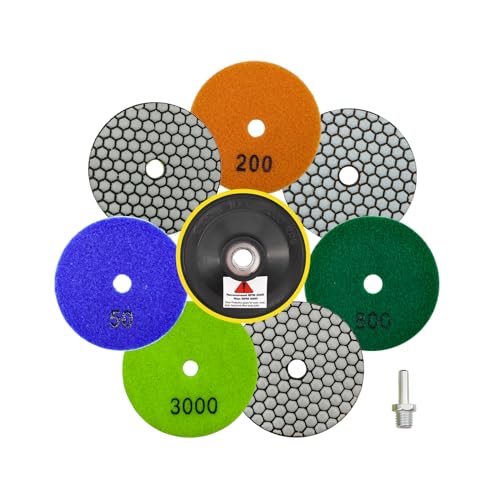 QUEFORET Diamant Polierpads Set 9 Stücke - 7 Stücke 100mm Trocken Polierscheiben (Körnung 50/100/200/400/800/1500/3000), 1 Stück Polierteller, 1 Stück Adapter für Granit Marmor Quarz Kunststein von QUEFORET