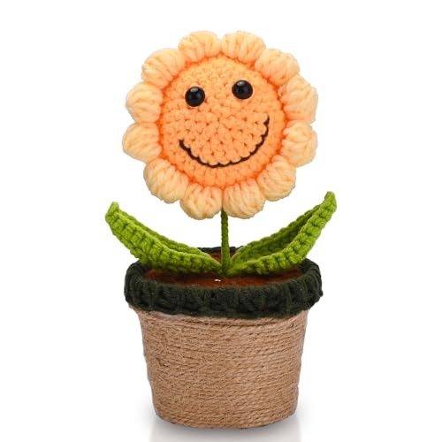 QUELIEN Häkel-Sonnenblumen-Geschenke für Frauen, künstliche Häkelblumen zur Dekoration, handgefertigter Sonnenblumentopf für Zuhause, Büro, Schreibtisch, Auto, Armaturenbrett von QUELIEN