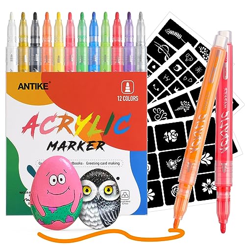 QUELLE Acrylstifte für Steine,12 Farben Steine Bemalen Stifte mit 4 Schablonen Acrylic Paint Marker Waschbare Acrylstifte für Holz,Leinwand,Glas,Metall,Kunststoff,Keramik ZYH2304001KIT von QUELLE