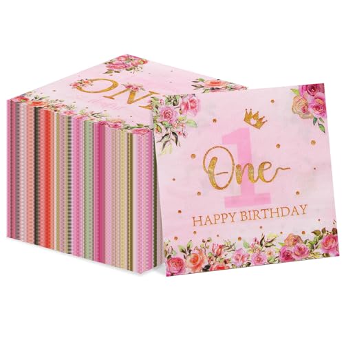 100pcs Floral 1. Geburtstag Servietten Floral Miss Onederful Party Papier Essensservietten Set für Mädchen First Birthday Party Dekorationen Little Miss Onederful 1. Geburtstag Supplies von QUERICKY