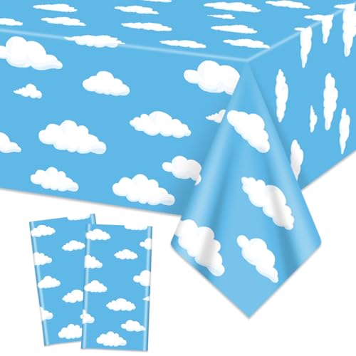 2 Pack Geschichte Geburtstag Tischtuch, 130x220cm Blauer Himmel weiße Wolke Tischdecke, Kuh-Muster gedruckt Dekoration für Junge Mädchen Kinder Geburtstag Party Supplies von QUERICKY