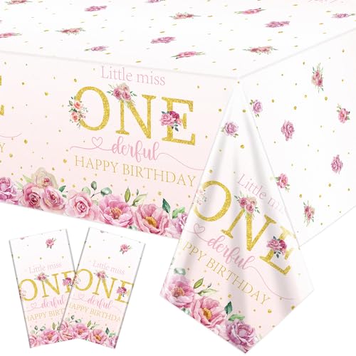 2 Pack Floral 1. Geburtstag Tischdecken, Little Miss Onederful Geburtstag Party Tischdecke, 130x220cm Rechteck Blume ein Jahr alt Geburtstag Party Tischdecken für Mädchen ersten Geburtstag Party Dekor von QUERICKY