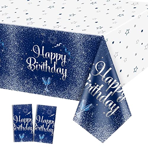 2 Pack Marineblau und Silber Happy Birthday Tischdecken, 130 x 220cm Rechteck Tischdecke für Männer Frauen Jungen Mädchen Geburtstag Party Dekorationen Zubehör von QUERICKY