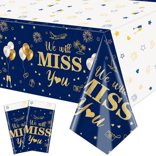 2 Pack We Will Miss You Tischtücher, 130x220cm Ruhestand Thematische Rechteckige Tischdecken Abschiedsparty Tischdecken für Abschiedsparty Dekorationen Ruhestand Party Dekoration, Blau Gold von QUERICKY