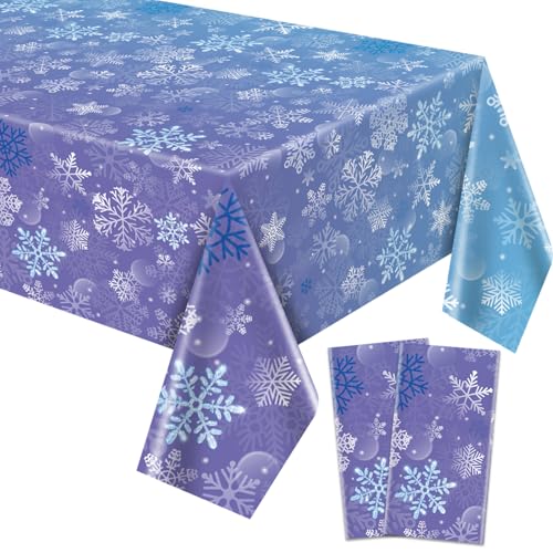 2 Stück Winter Schneeflocken Tischdecken, 220x130cm blau und lila Schneeflocken Tischdecke Winter Wonderland Geburtstag Kulisse Dekorationen für Mädchen Prinzessin Party Weihnachten Winterurlaub Party von QUERICKY