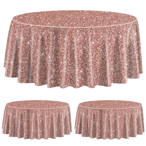 3 Pack Rose Gold Tischdecken für Runden Tisch, 220x220cm Rose Gold Pailletten Bedruckt Runden Tisch Decken Glitter Party Dekorationen für Mädchen Geburtstag Hochzeit Graduierung Prinzessin Party von QUERICKY