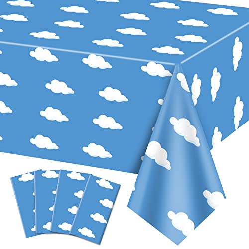 4 Pack Geschichte Geburtstag Tischtuch, 130x220cm Blauer Himmel weiße Wolke Tischdecke, Kuh-Muster gedruckt Dekoration für Junge Mädchen Kinder Geburtstag Party Supplies von QUERICKY